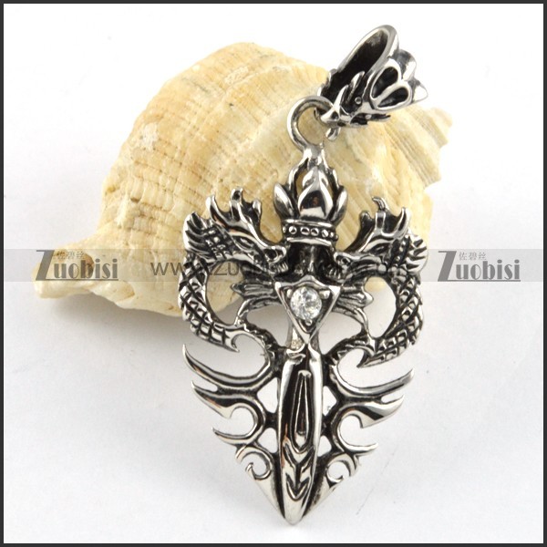 Double Dragon Stainless Steel Pendant with Clear Rhinestone - p000186