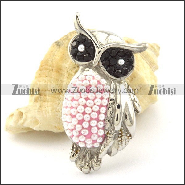 Black Rhinestones Eyes Owl Pendant in Stainless Steel -p001163