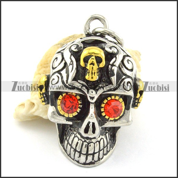 2 tones casting skull pendant with red rhinestone eyes p001364