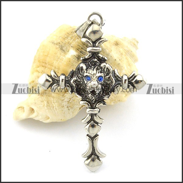 blue eye casting wolf theme cross pendant p001359