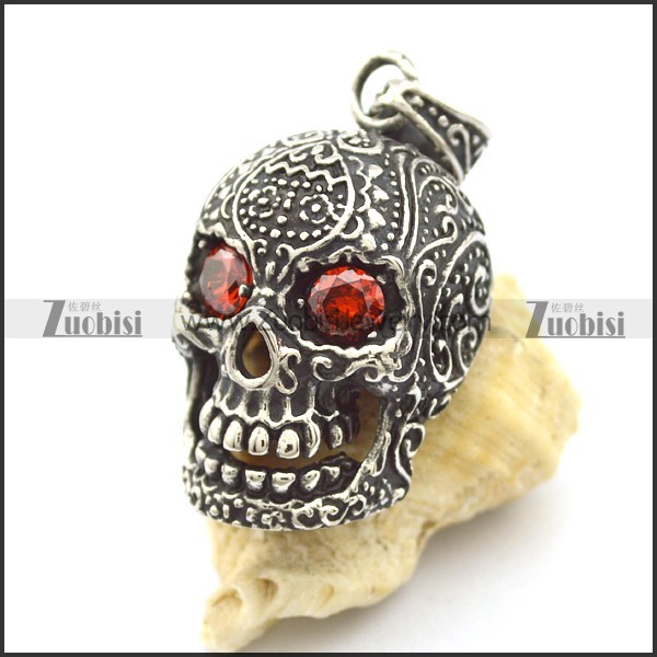 two ruby crystal eyes flower skull pendant p002080