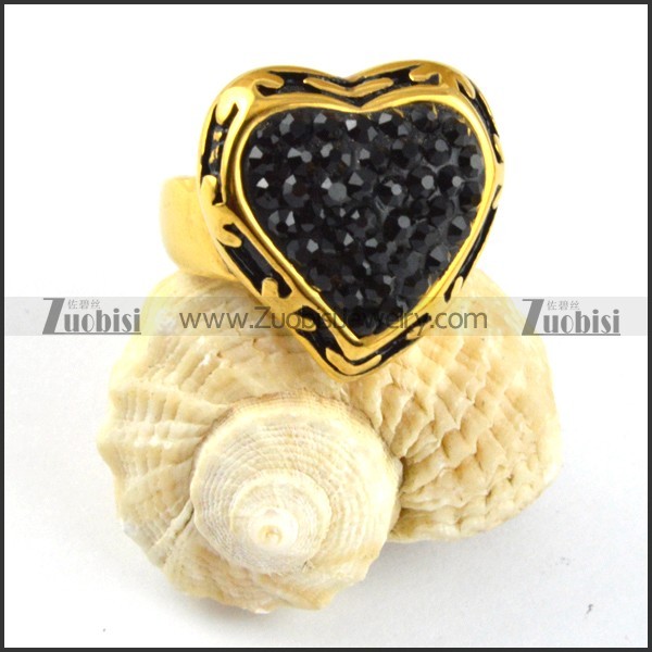 Solid Black Rhinestone Stainless Steel Heart ring - r000205