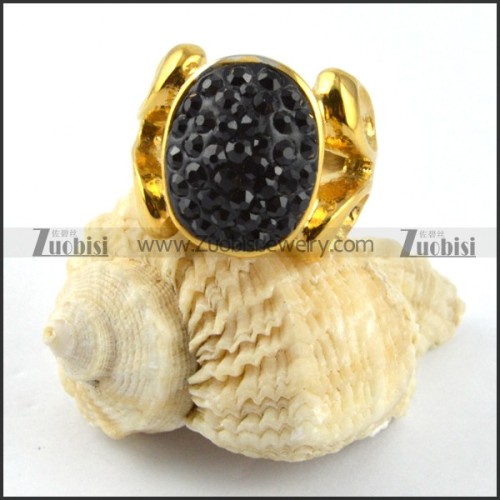 Gold Stainless Steel Black Rhinestone Ring - r000190
