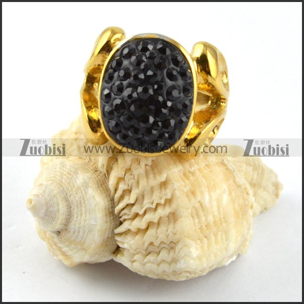 Gold Stainless Steel Black Rhinestone Ring - r000190