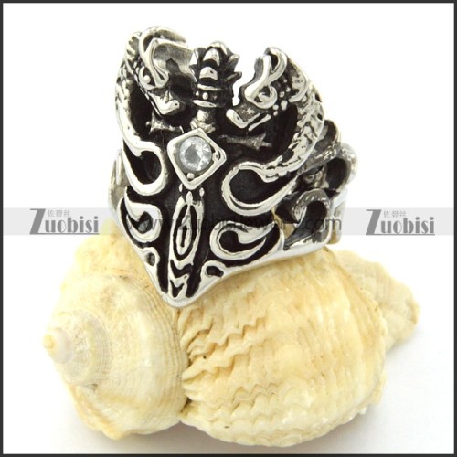 Casting Sword Ring with Clear Rhinestone in Stainless Steel -r000730