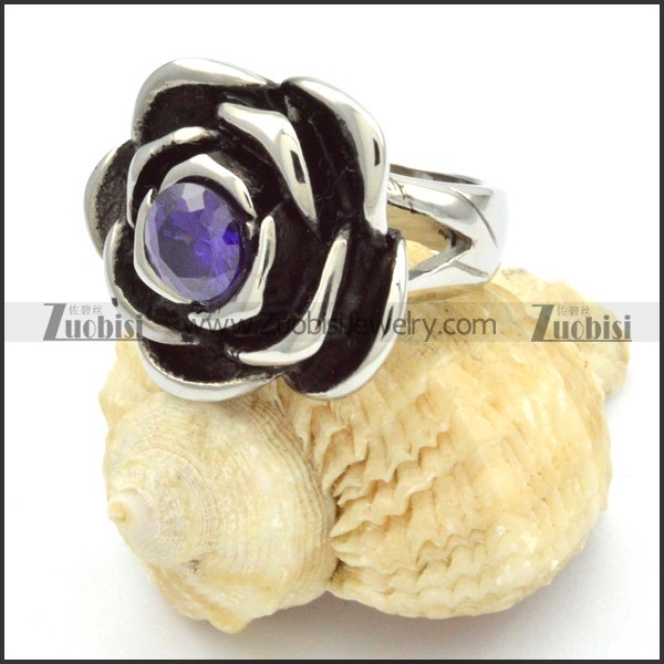 Stainless Steel Rose Rings with Blue Zircon -r000464