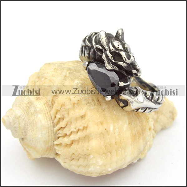 Stainless Steel Dragon Rings with Oval Black Zircon Stone -r000449