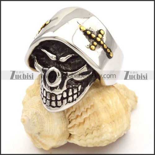 Silver Stainless Steel Skull Rings with Gold Cross -r000479