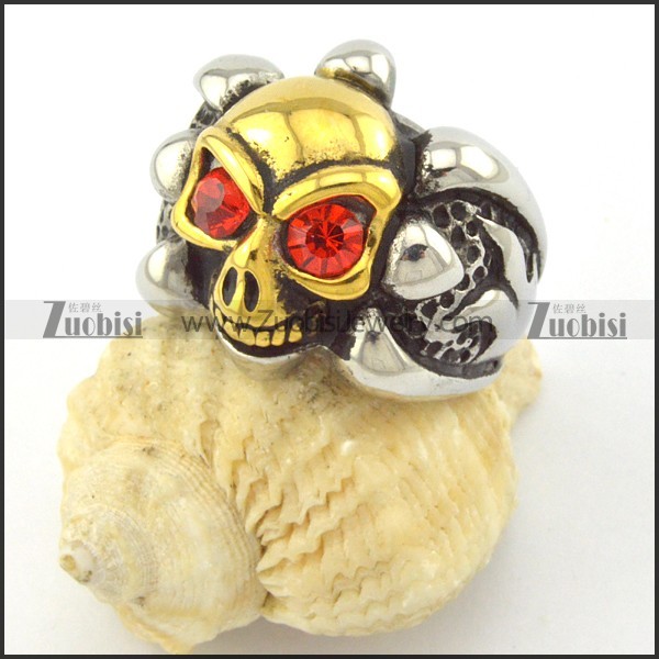 two tone skull ring with cardinal rhinestone eyes r001163