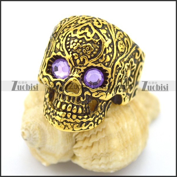 purple rhinestone eye gold flower skull ring r002007