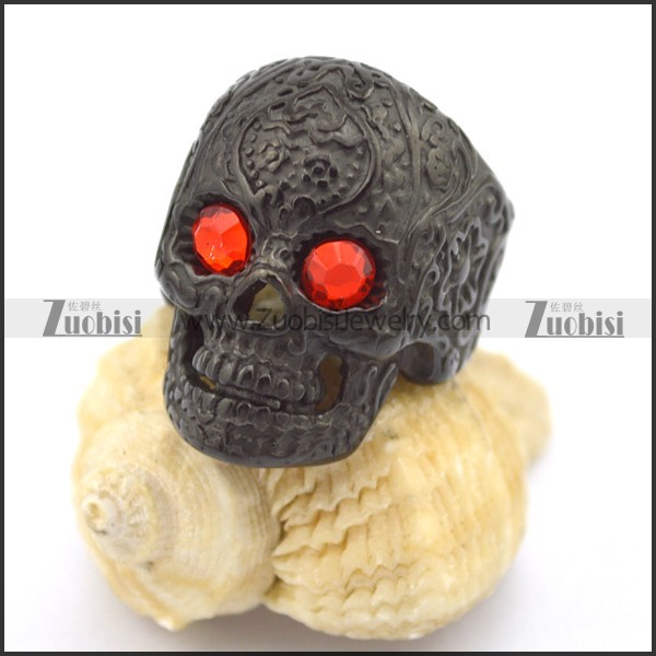 flame red eye black flower skull ring r002000