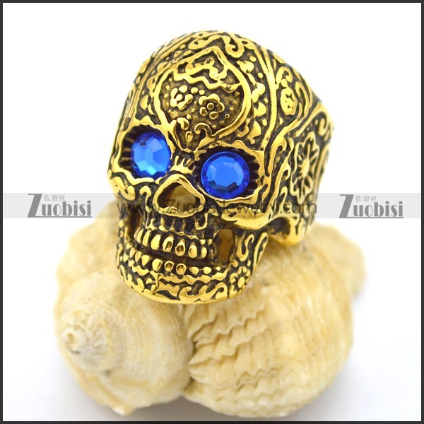 blue rhinestone eyes vintage gold flower skull ring r002005