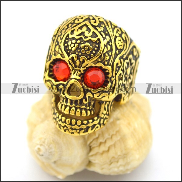 red-hot rhinestone eyes gold plating flower skull ring r002004