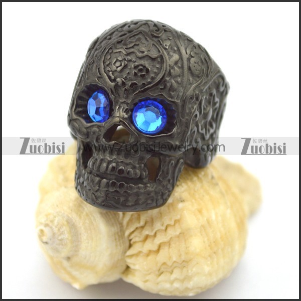 clear blue eye black flower skull ring r002001