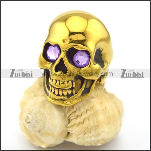 Gold Skull Ring in Steel with Purple Rhinestone Eyes r002011