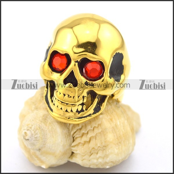 Gold Skull Rings in Stainless Steel with Red Rhinestones Eyes r002008
