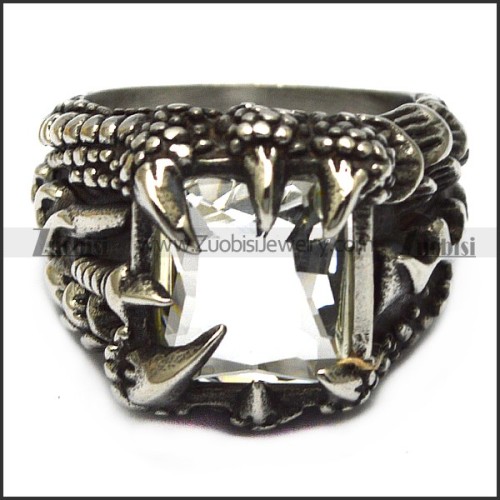 Hot Retro Chinese Style Stainless Steel Dragon Claw Ring Inlay Clear Zircon r005732