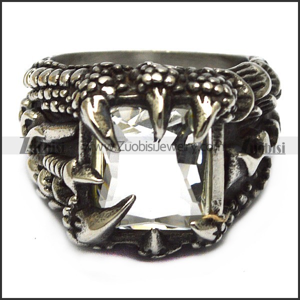 Hot Retro Chinese Style Stainless Steel Dragon Claw Ring Inlay Clear Zircon r005732