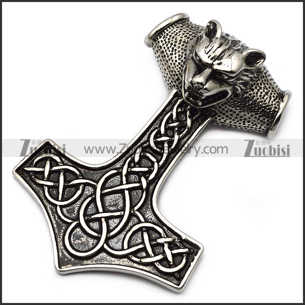 Large Wolf Thor Hammer Pendant p007762