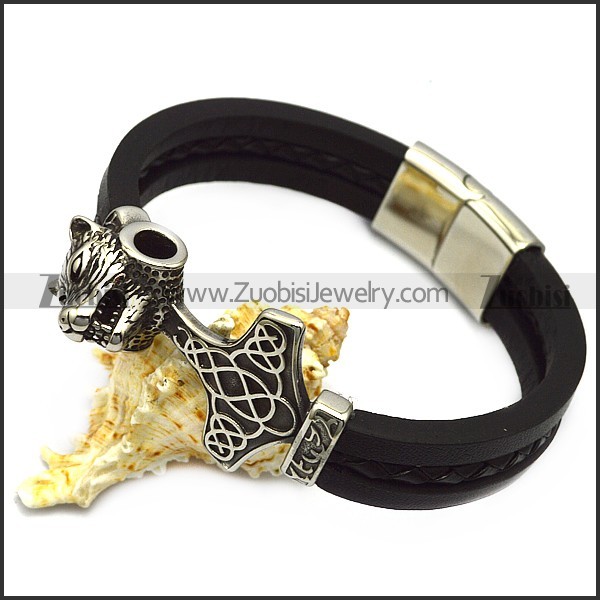 black leather bracelet with stainless steel wolf hammer for viking b007864