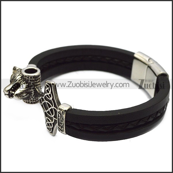 black leather bracelet with stainless steel wolf hammer for viking b007864