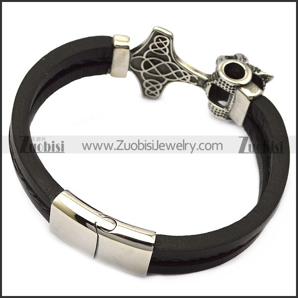 black leather bracelet with stainless steel wolf hammer for viking b007864