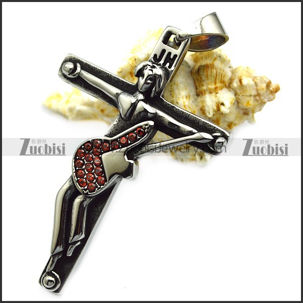 vintage 316l stainless steel johnny hallyday guitar cross pendant with red rhinestones p008223