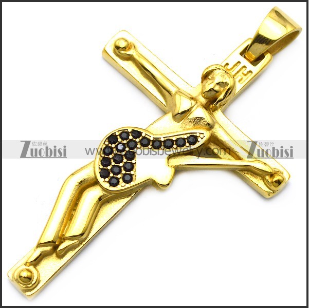 yellow gold plating hallyday johnny guitar cross with black rhinestones p008529
