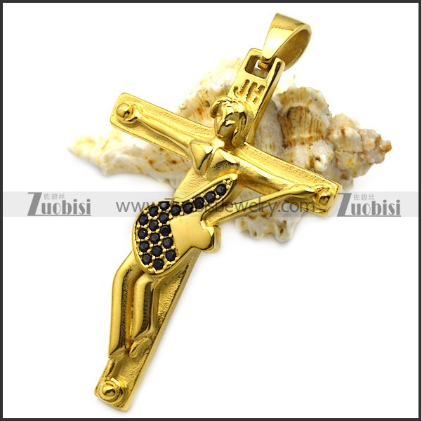 yellow gold plating hallyday johnny guitar cross with black rhinestones p008529