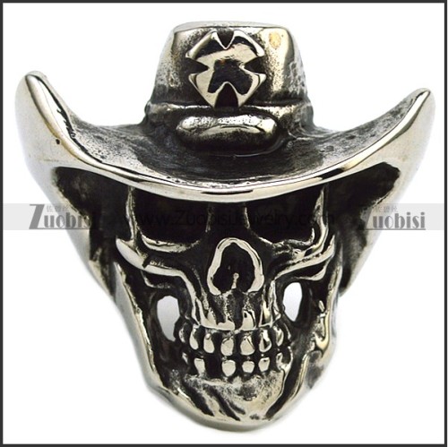 Silver Tone Skull Ring Wearing a Cross Cowboy Hat r007279