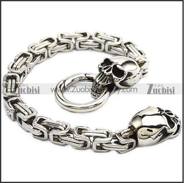 Silver Stainless Steel Casting Skull Heads Bracelet with Smart Ring b009595