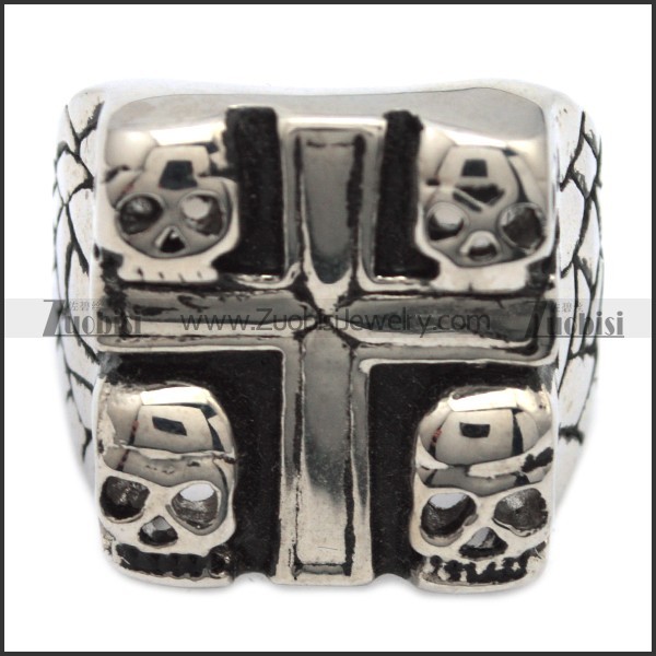 Stainless Steel Cross Ring with 4 skull -JR330026