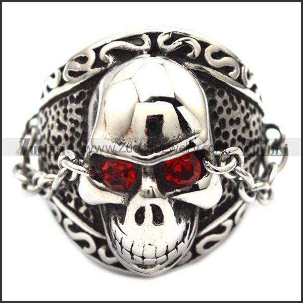 Stainless Steel Red Zircon Eye Skull Ring with a eye chain - JR300002