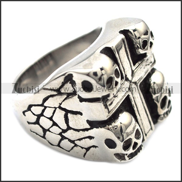 Stainless Steel Cross Ring with 4 skull -JR330026