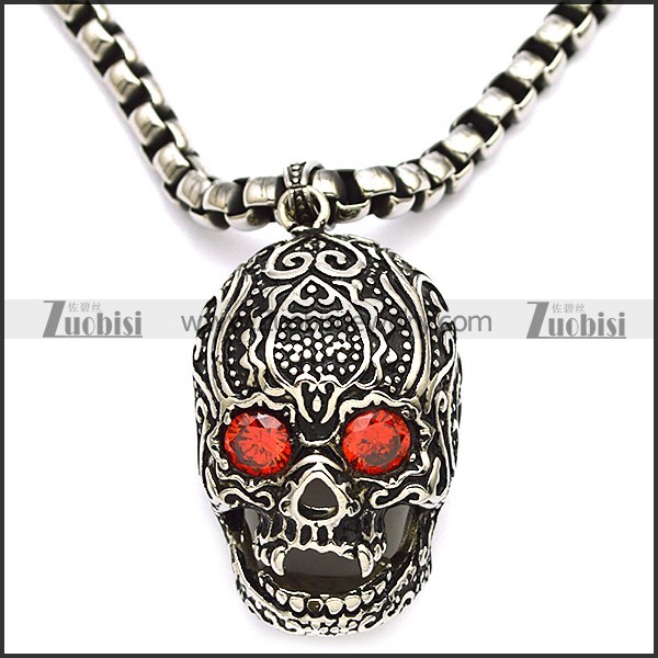 53mm big black skull pendant with 2 clear ruby zircons p001597