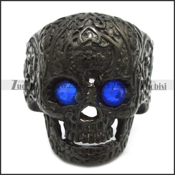 clear blue eye black flower skull ring r002001