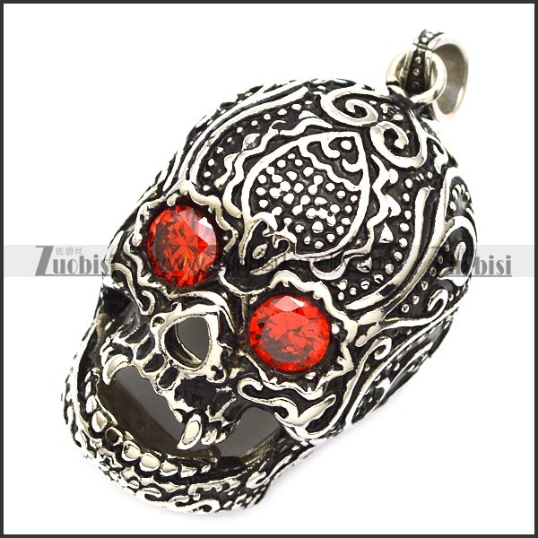 53mm big black skull pendant with 2 clear ruby zircons p001597