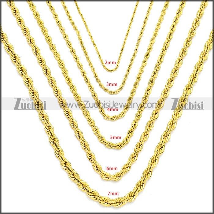 7MM Gold Plated Stainless Steel Rope Chain Neckalce n003097GW7