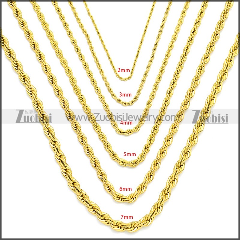 7MM Gold Plated Stainless Steel Rope Chain Neckalce n003097GW7