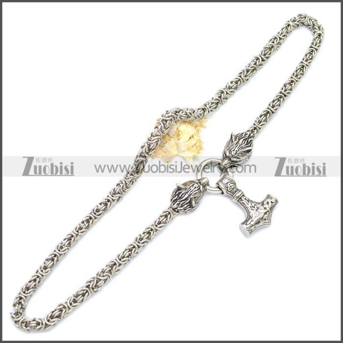 Stainless Steel Wolf Head Norse Viking Amulet Thor Mjolnir King Chain Necklace n003140S