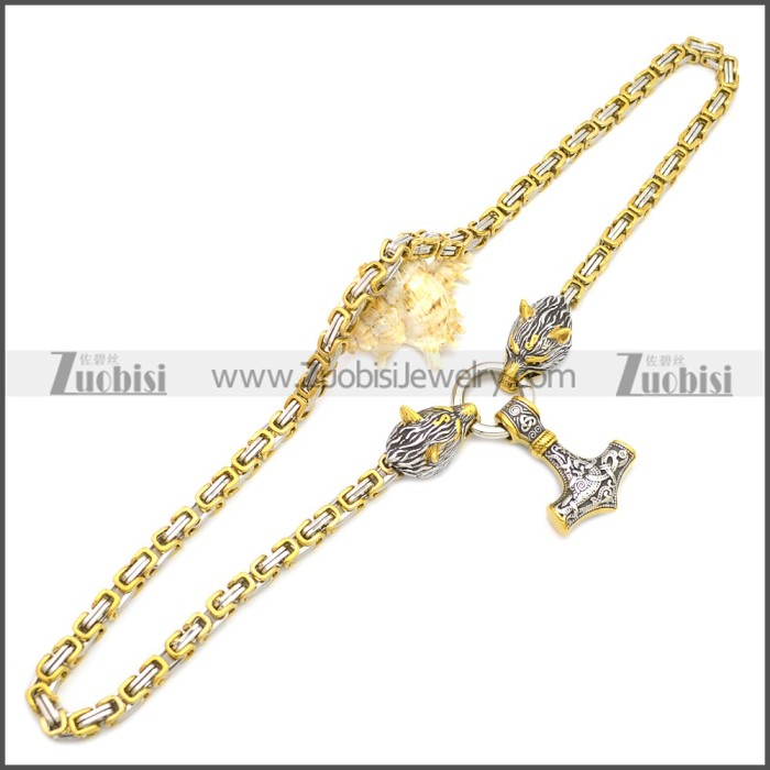 Wolf Head Norse Viking Thor Hammer Pendant Stainless Steel King Chain n003139GS