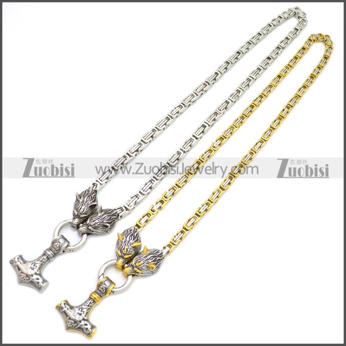 Wolf Head Norse Viking Thor Hammer Pendant Stainless Steel King Chain n003139GS