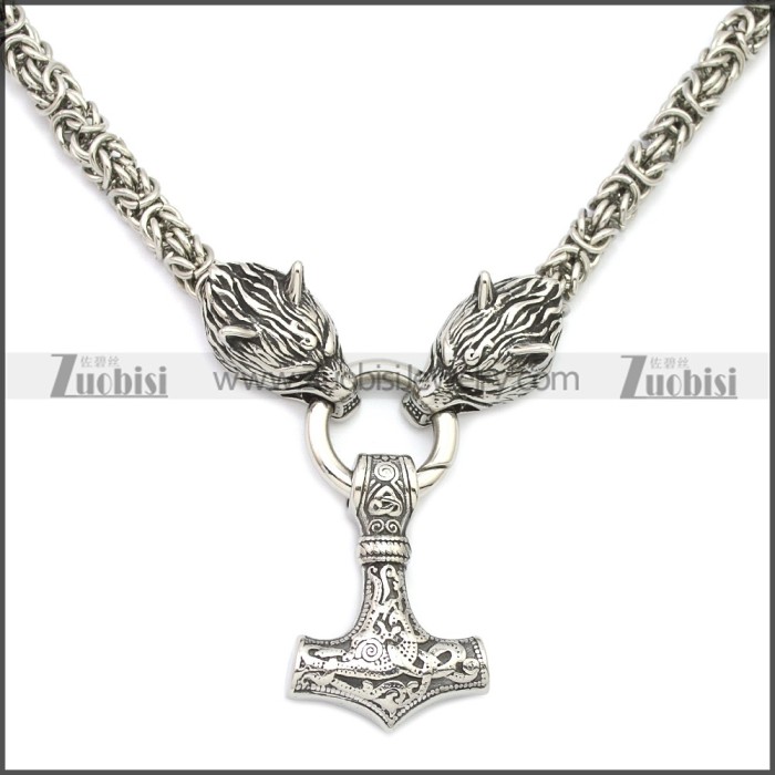 Stainless Steel Wolf Head Norse Viking Amulet Thor Mjolnir King Chain Necklace n003140S
