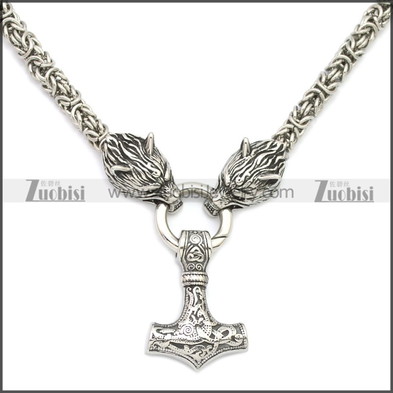 Stainless Steel Wolf Head Norse Viking Amulet Thor Mjolnir King Chain Necklace n003140S