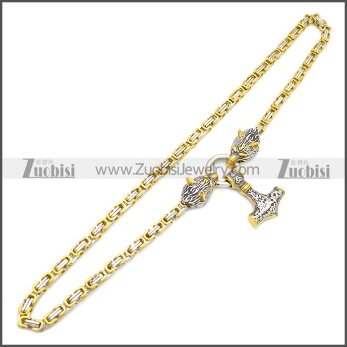 Wolf Head Norse Viking Thor Hammer Pendant Stainless Steel King Chain n003139GS