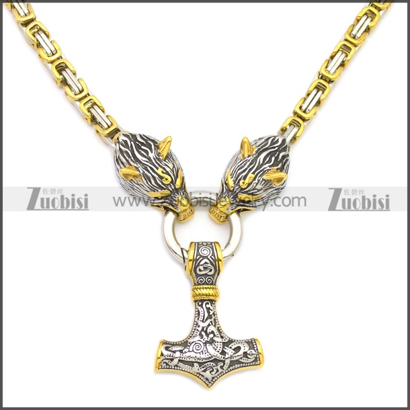 Wolf Head Norse Viking Thor Hammer Pendant Stainless Steel King Chain n003139GS