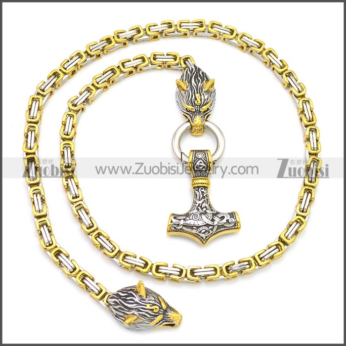 Wolf Head Norse Viking Thor Hammer Pendant Stainless Steel King Chain n003139GS