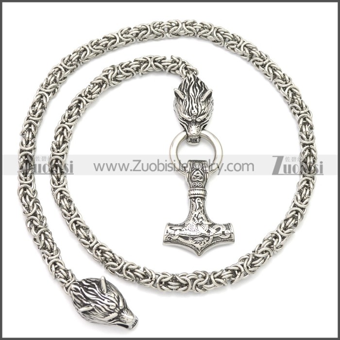 Stainless Steel Wolf Head Norse Viking Amulet Thor Mjolnir King Chain Necklace n003140S