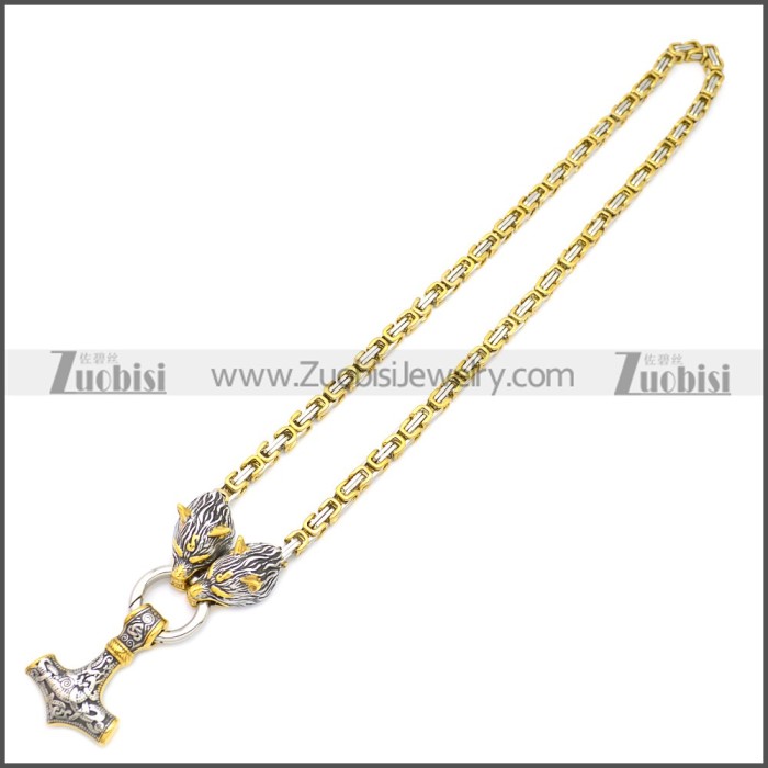 Wolf Head Norse Viking Thor Hammer Pendant Stainless Steel King Chain n003139GS