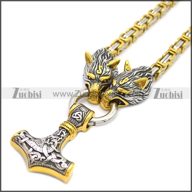 Wolf Head Norse Viking Thor Hammer Pendant Stainless Steel King Chain n003139GS